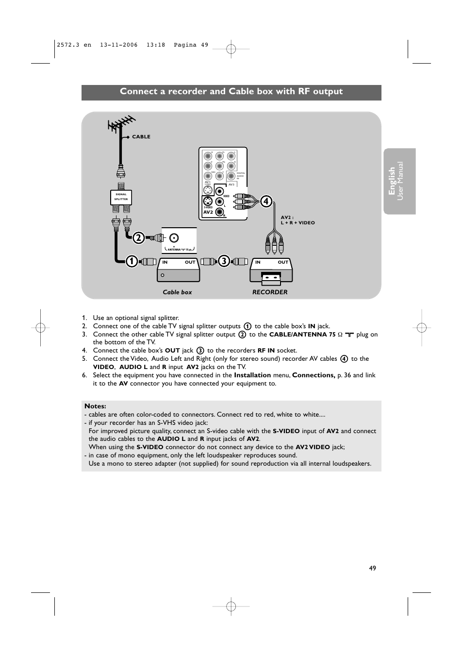 3connect a recorder and cable box with rf output, English, User man ual | Philips 47PF9441D-37B User Manual | Page 51 / 70