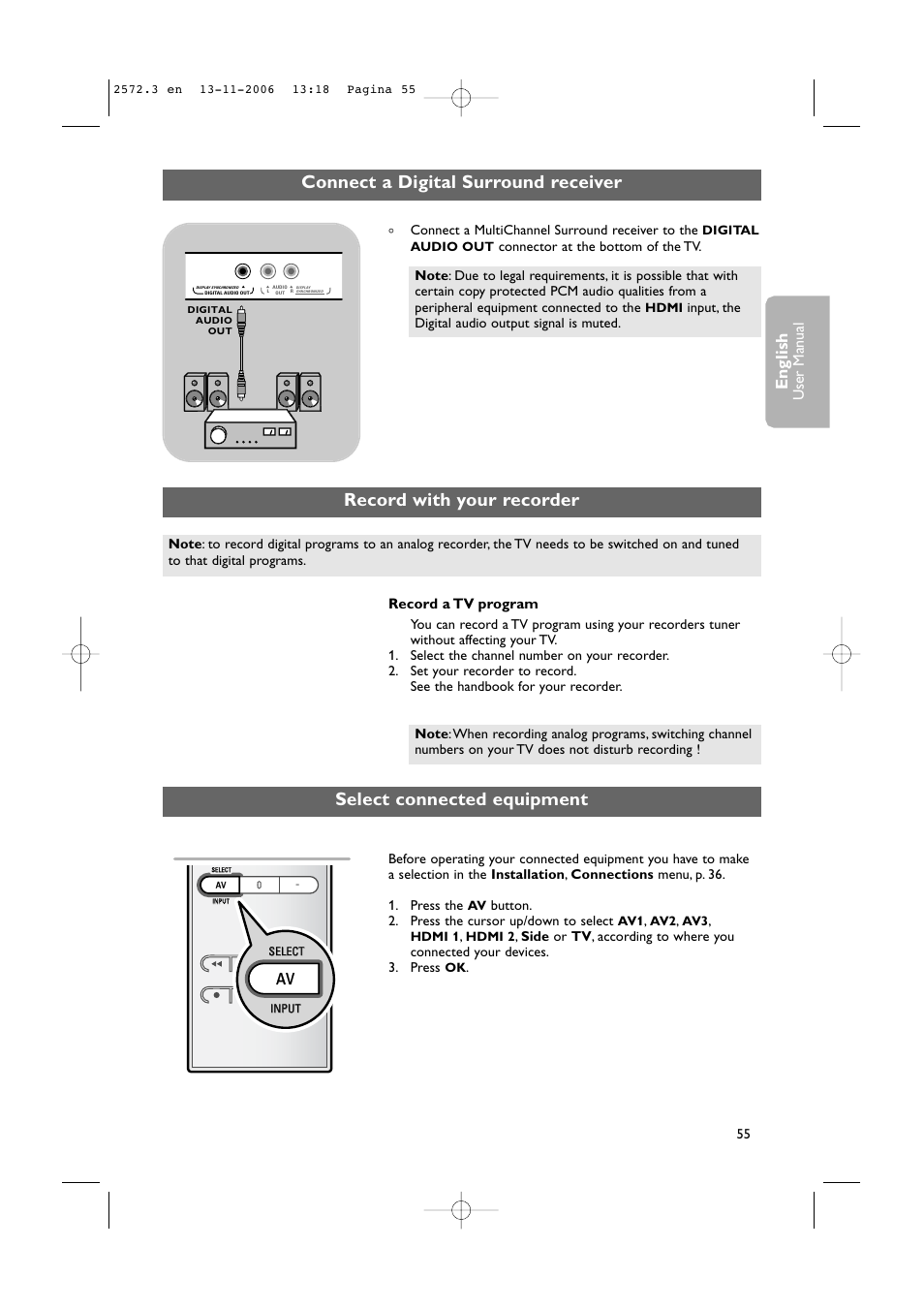 Connect a digital surround receiver, English, User man ual | Record a tv program | Philips 47PF9441D-37B User Manual | Page 57 / 70