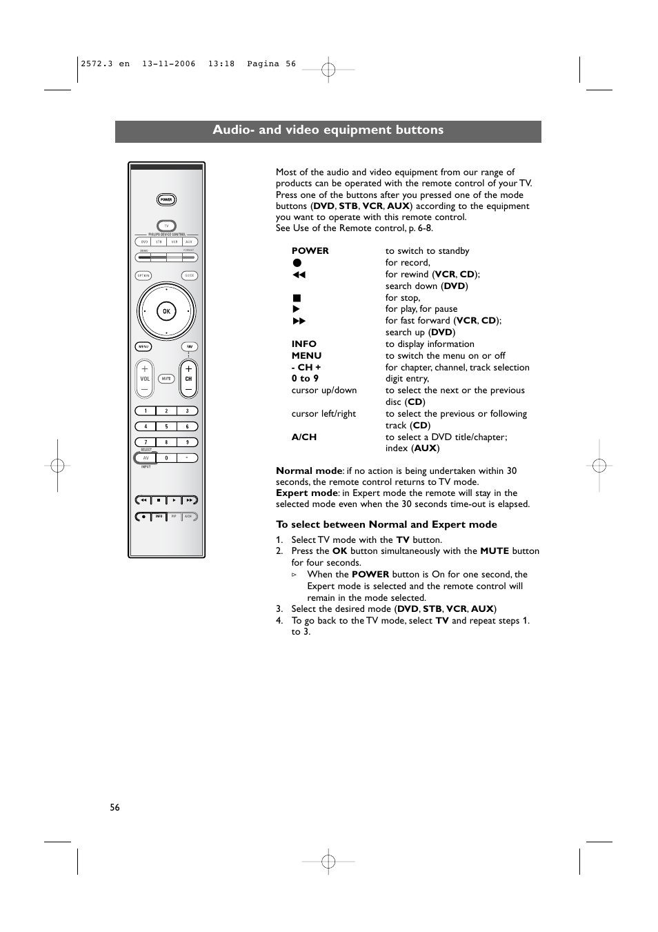 Audio- and video equipment buttons | Philips 47PF9441D-37B User Manual | Page 58 / 70