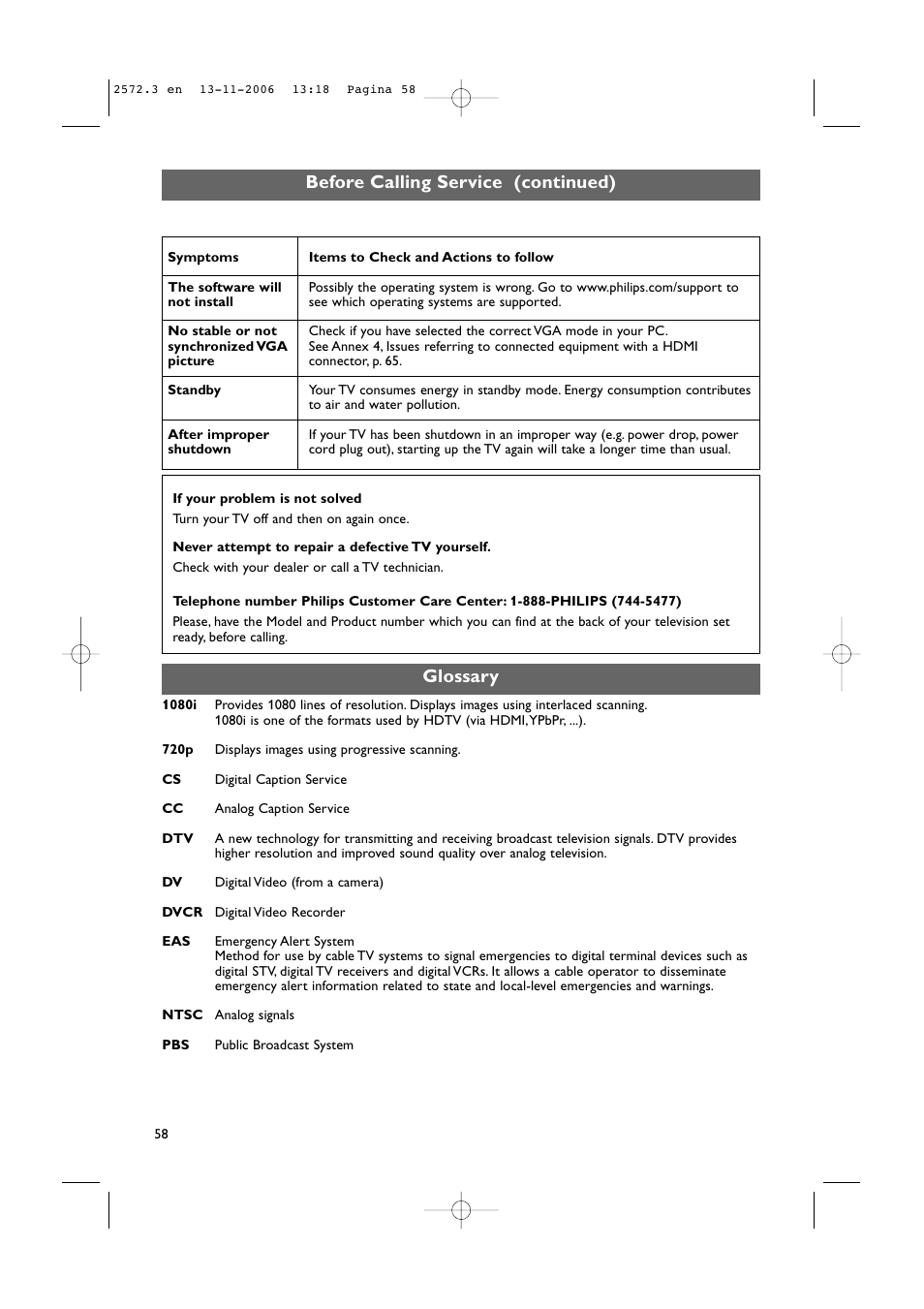 Before calling service (continued), Glossary | Philips 47PF9441D-37B User Manual | Page 60 / 70