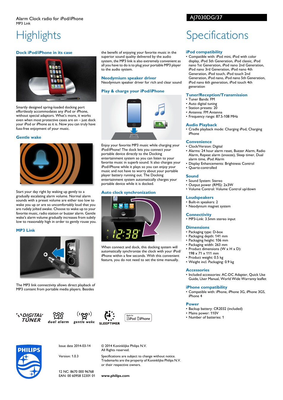 Highlights, Specifications | Philips AJ7030DG-37 User Manual | Page 2 / 2