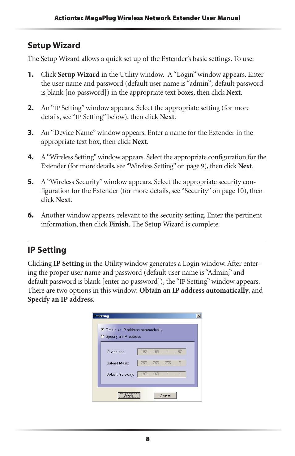 Setup wizard, Ip setting, 8 ip setting | Actiontec electronic MEGAPLUG HPAP108T User Manual | Page 11 / 67