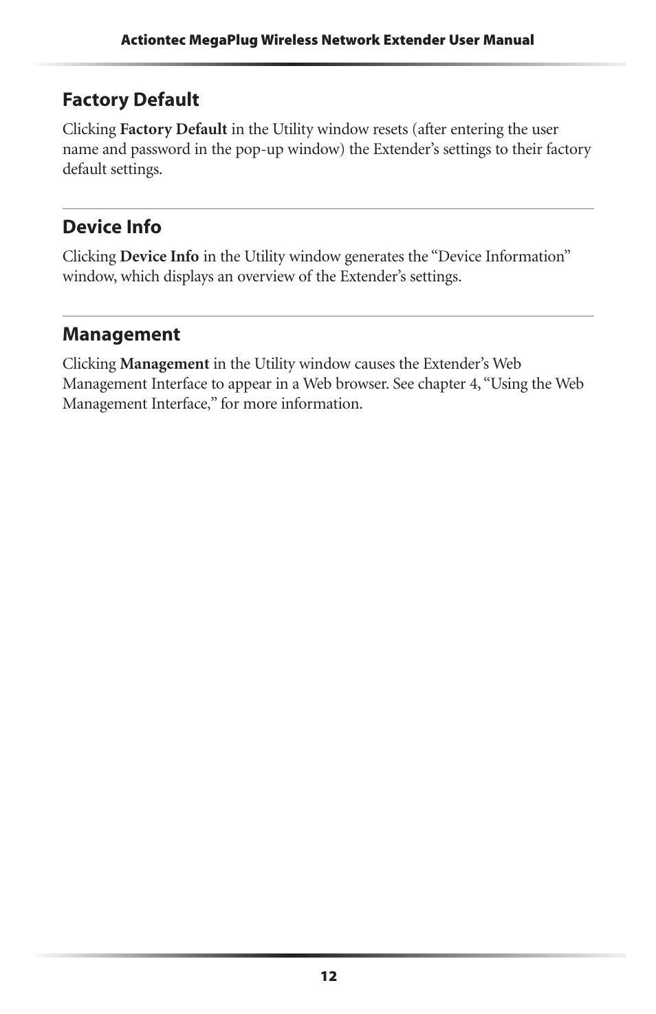 Factory default, Device info, Management | 12 device info, 12 management | Actiontec electronic MEGAPLUG HPAP108T User Manual | Page 15 / 67