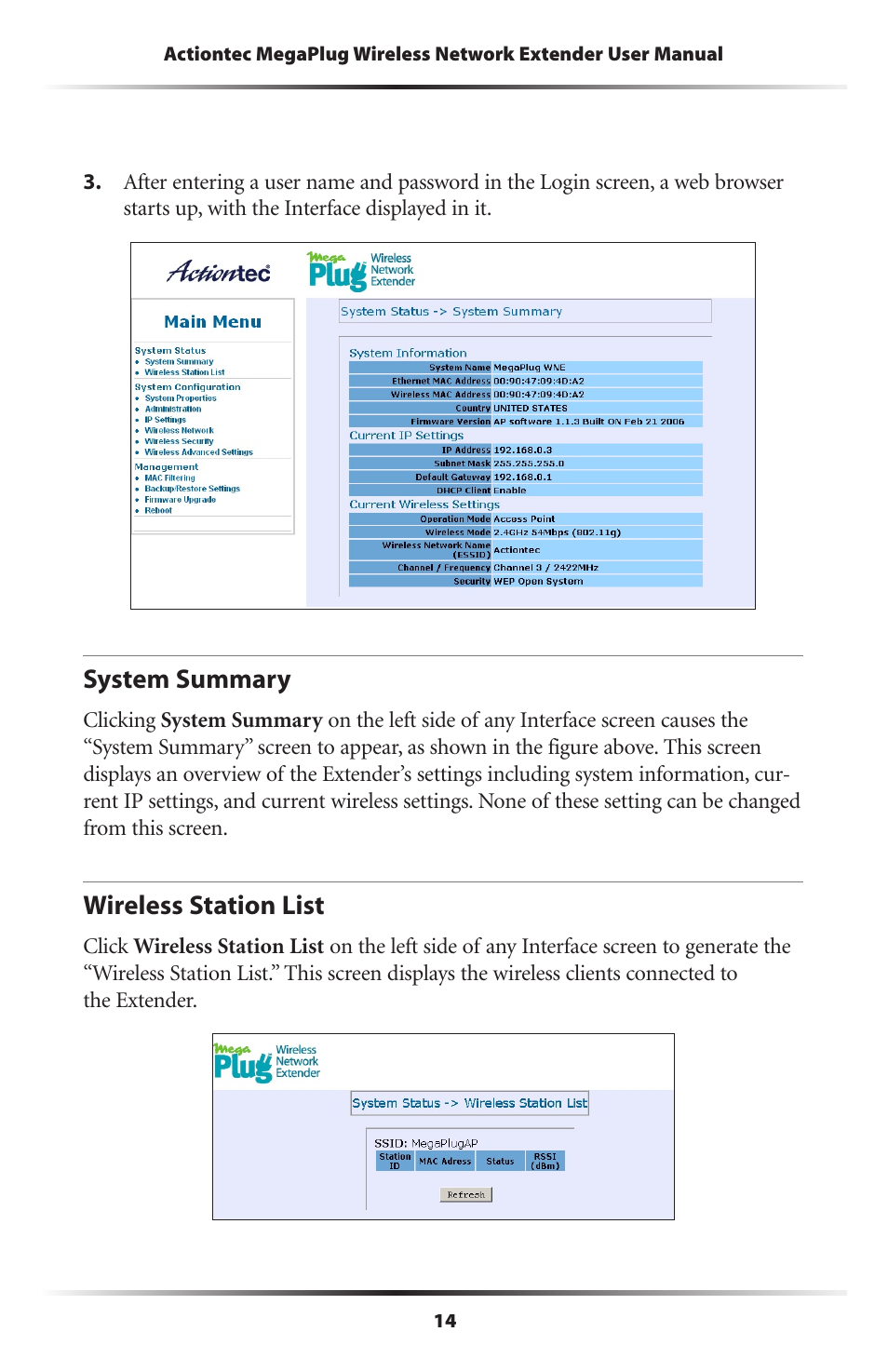 System summary, Wireless station list, 14 wireless station list | Actiontec electronic MEGAPLUG HPAP108T User Manual | Page 17 / 67