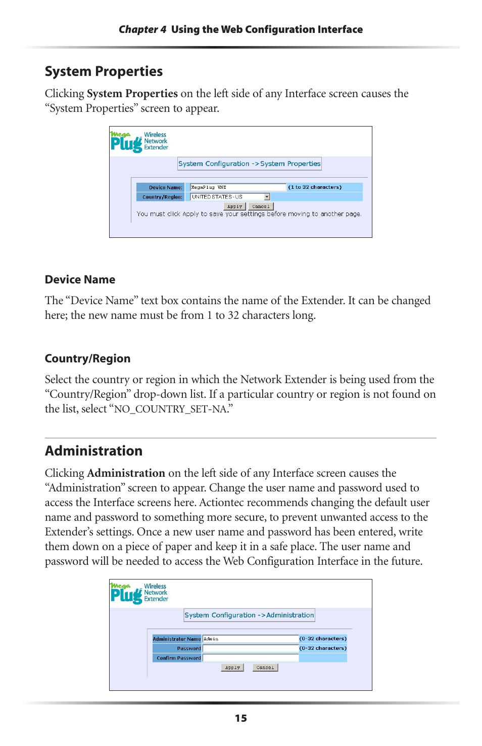 System properties, Administration, 15 administration | Actiontec electronic MEGAPLUG HPAP108T User Manual | Page 18 / 67