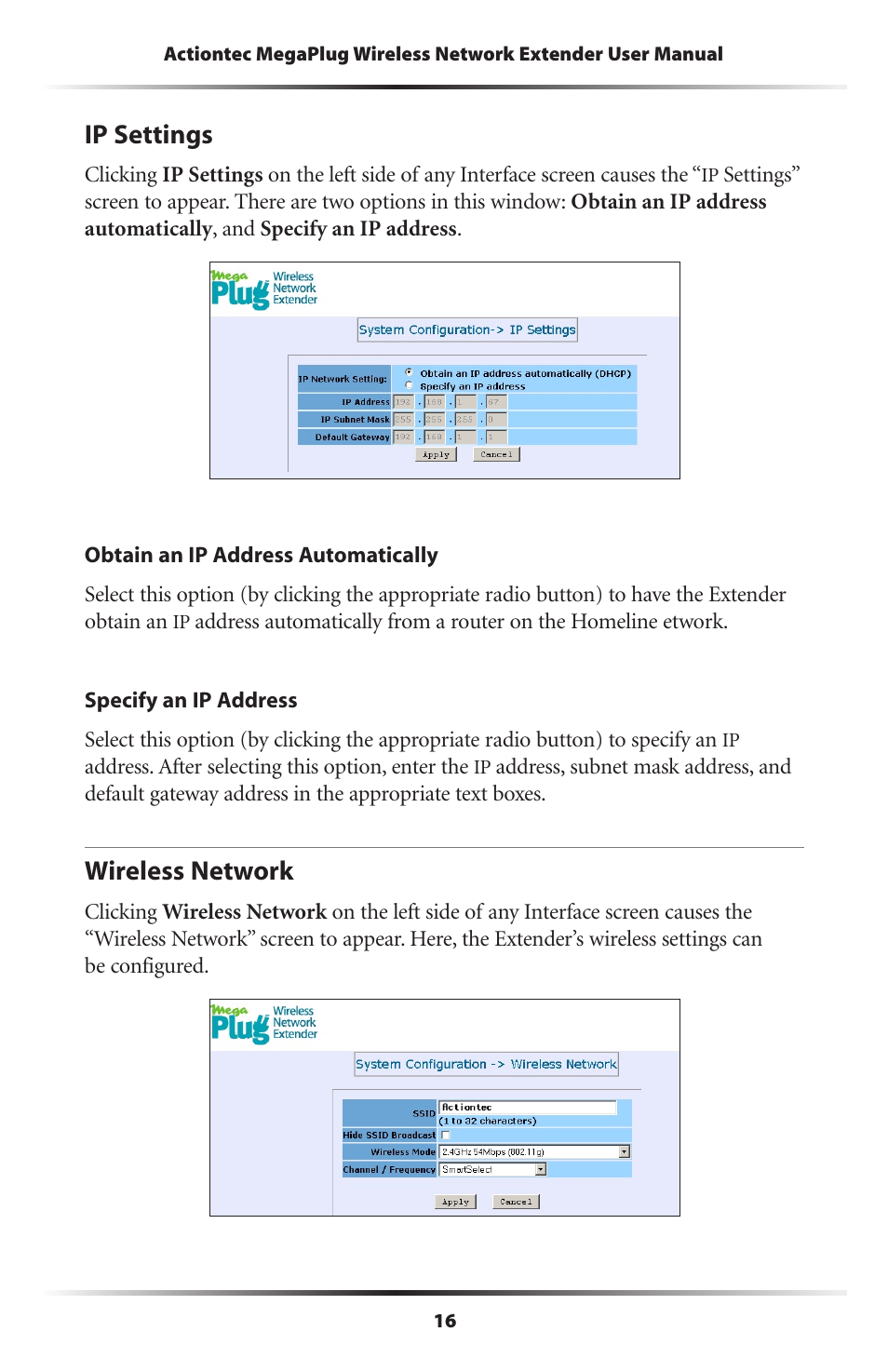 Ip settings, Wireless network, 16 wireless network | Actiontec electronic MEGAPLUG HPAP108T User Manual | Page 19 / 67