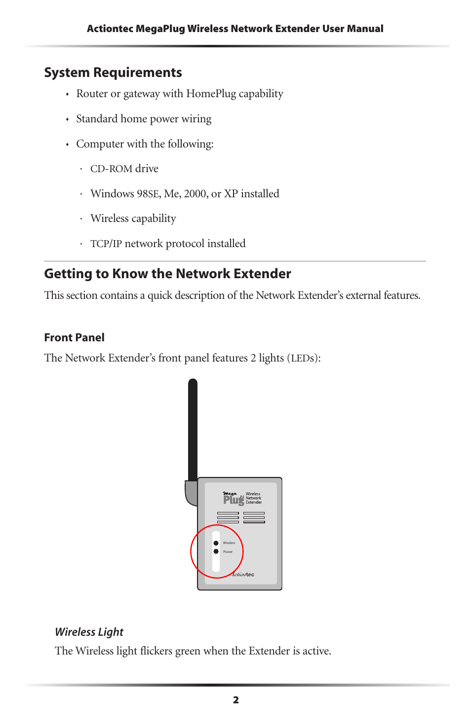 System requirements, Getting to know the network extender, 2 getting to know the network extender | Actiontec electronic MEGAPLUG HPAP108T User Manual | Page 5 / 67