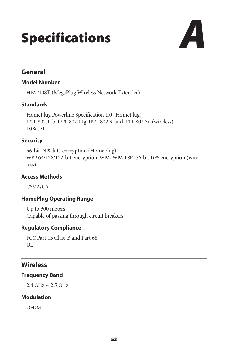 Specifications, General, Wireless | 53 wireless | Actiontec electronic MEGAPLUG HPAP108T User Manual | Page 56 / 67