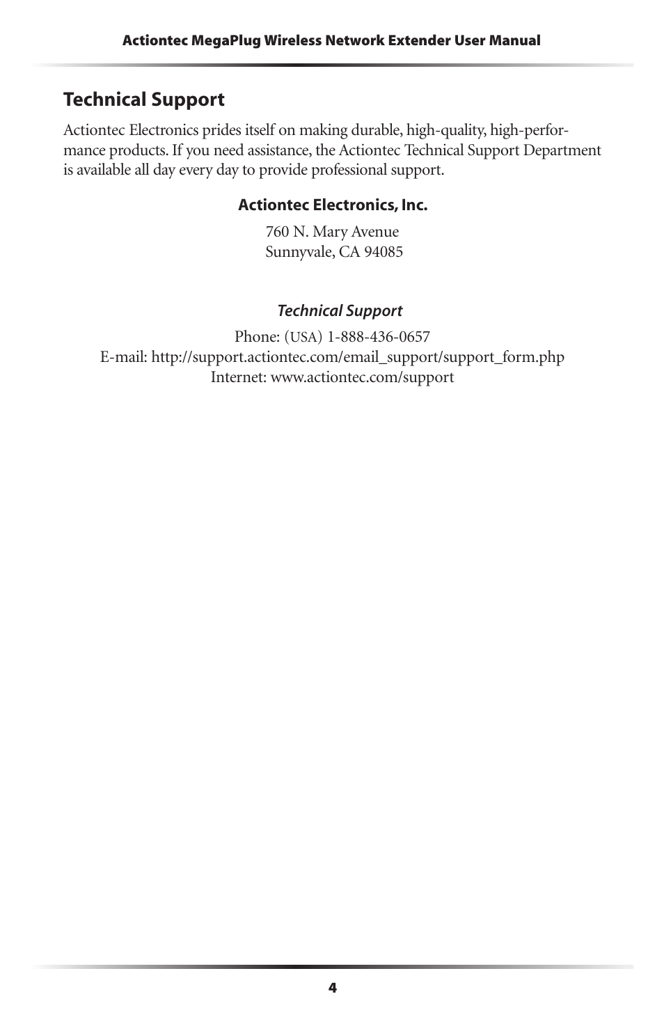 Technical support | Actiontec electronic MEGAPLUG HPAP108T User Manual | Page 7 / 67