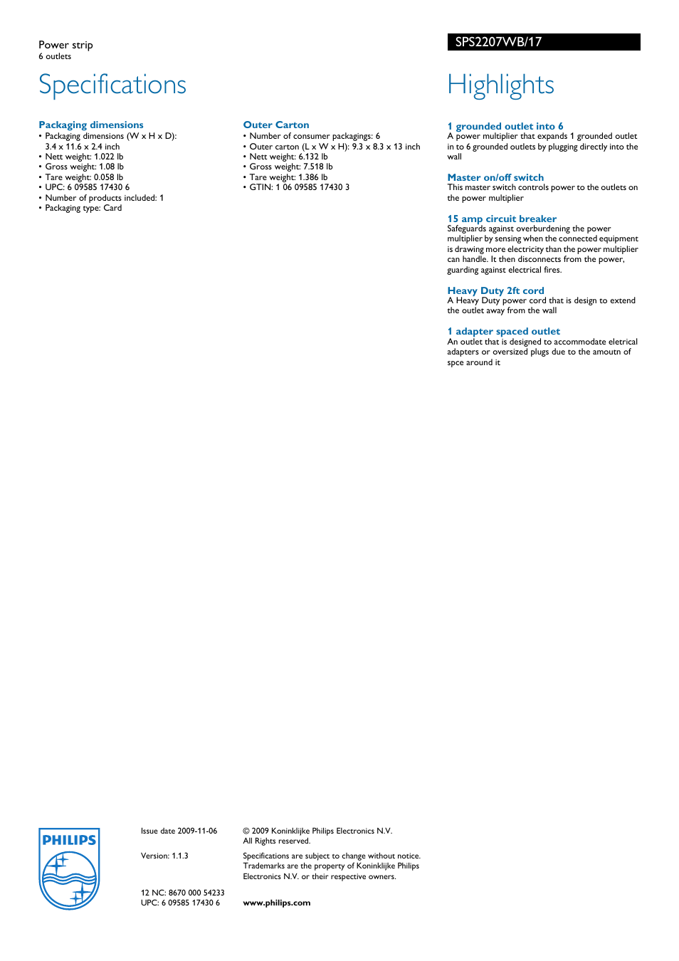 Specifications, Highlights | Philips SPS2207WB-17 User Manual | Page 2 / 2