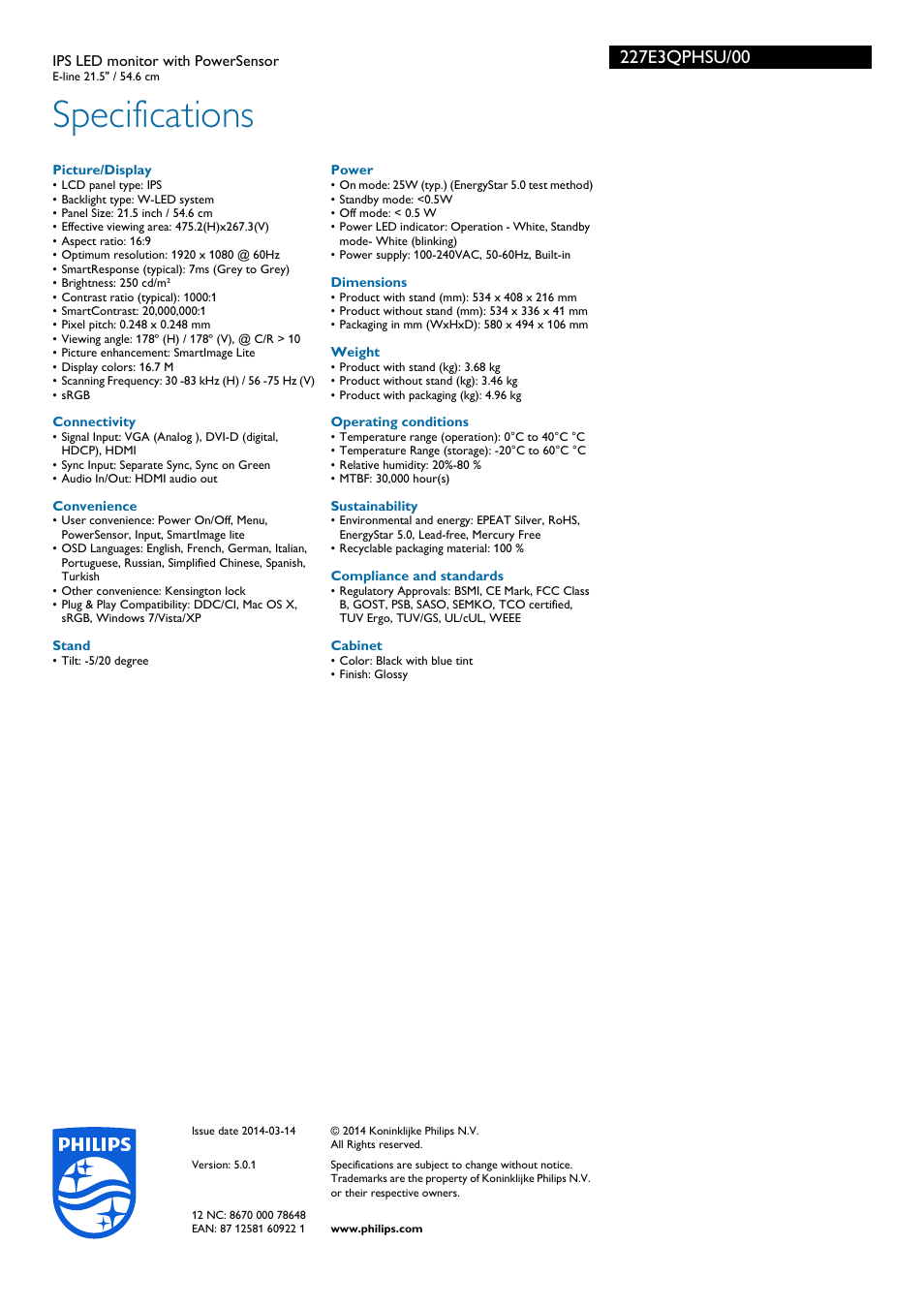 Specifications | Philips 227E3QPHSU-00 User Manual | Page 3 / 3