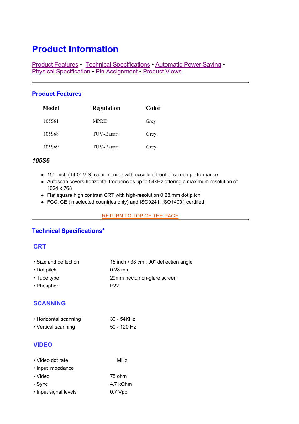 105s6 product information, Product information | Philips CRT monitor 105S61 38 cm 15" SVGA User Manual | Page 4 / 61