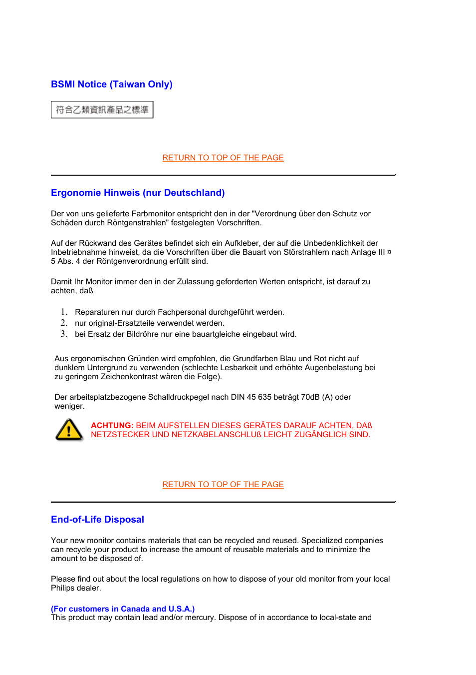 Bsmi notice (taiwan only), Ergonomie, Hinweis (nur deutschland) | Philips CRT monitor 105S61 38 cm 15" SVGA User Manual | Page 44 / 61