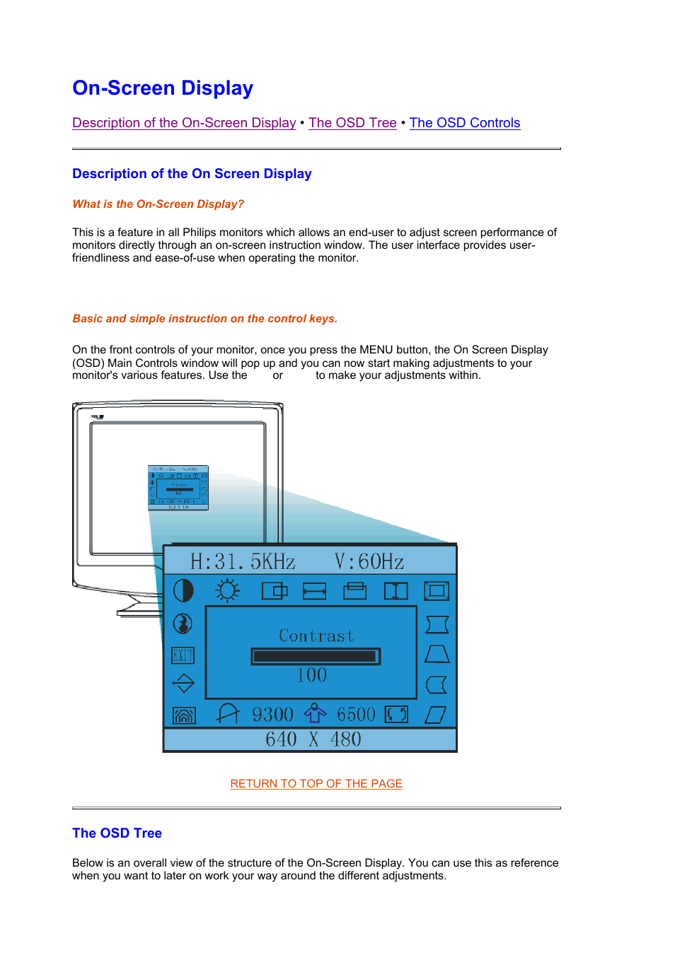 On screen display, On-screen display | Philips CRT monitor 105S61 38 cm 15" SVGA User Manual | Page 9 / 61