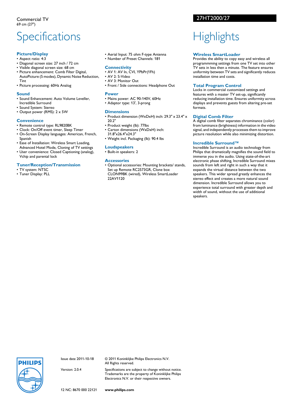 Specifications, Highlights | Philips 27HT2000-27 User Manual | Page 2 / 2