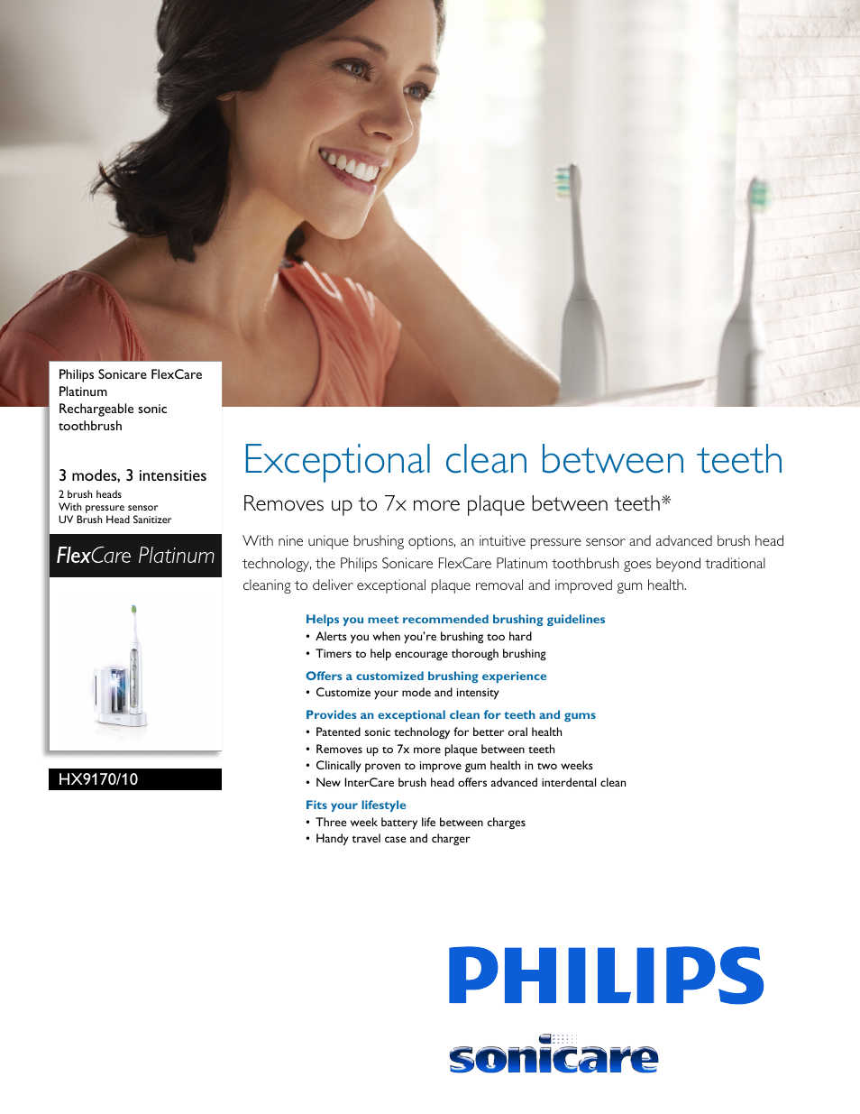 Philips Sonicare FlexCare Platinum Rechargeable sonic toothbrush FlexCare Platinum HX9170-10 3 modes 3 intensities 2 brush heads With pressure sensor UV Brush Head Sanitizer User Manual | 3 pages