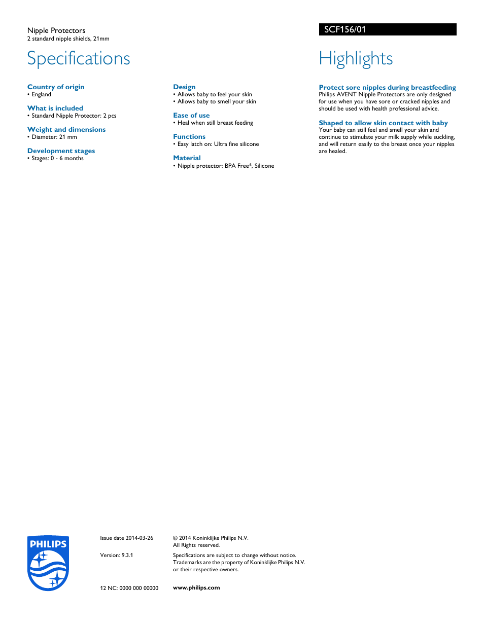 Specifications, Highlights | Philips SCF156-01 User Manual | Page 2 / 2