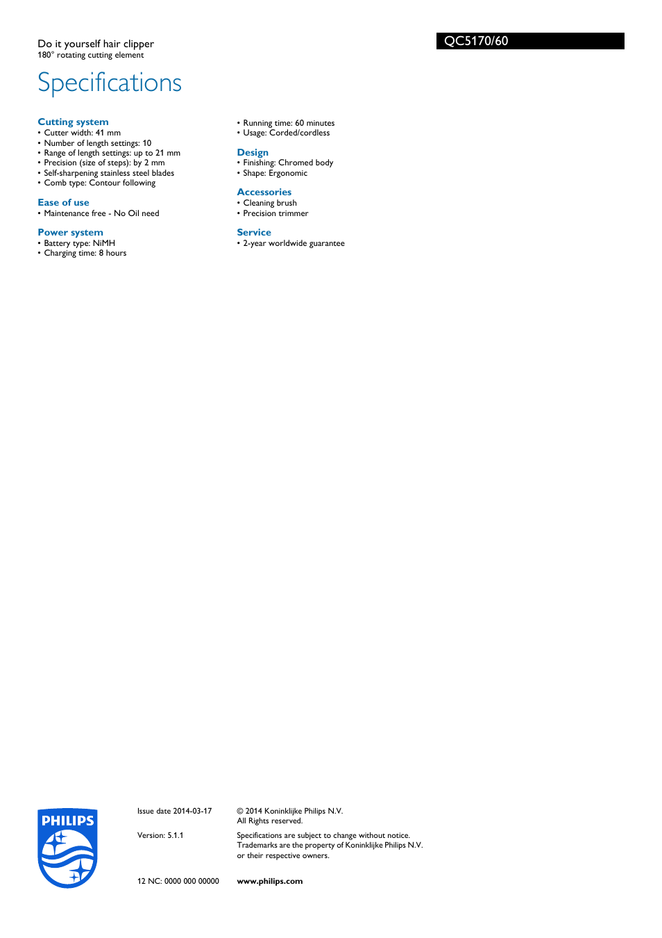 Specifications | Philips QC5170-60 User Manual | Page 3 / 3