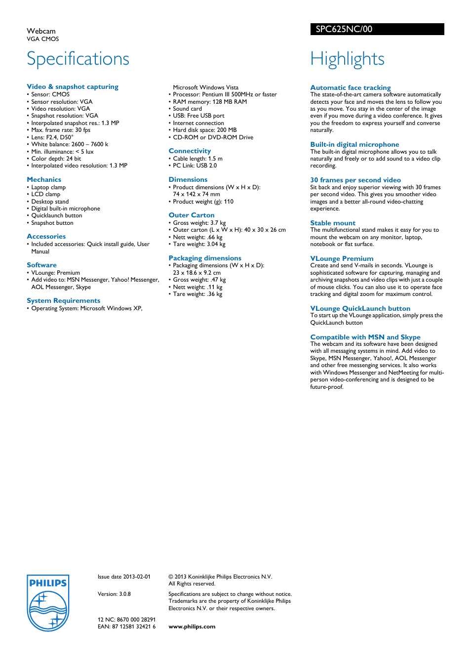 Specifications, Highlights | Philips SPC625NC-00 User Manual | Page 2 / 2