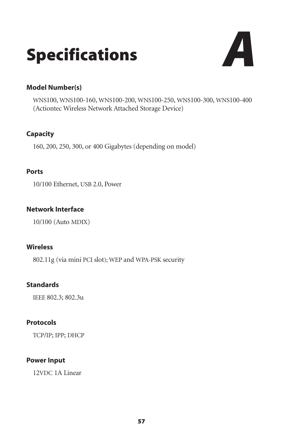 Specifications | Actiontec electronic WNS100 User Manual | Page 60 / 67