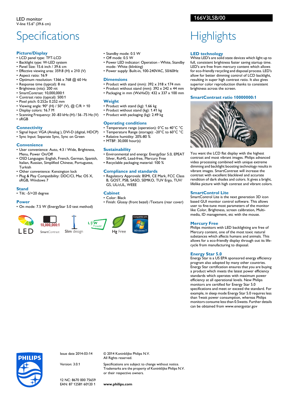 Specifications, Highlights | Philips 166V3LSB-00 User Manual | Page 2 / 2