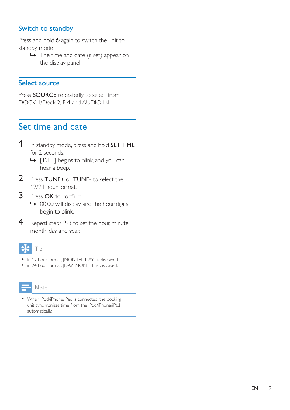 Switch to standby, Select source, Set time and date | Set time and date 1 | Philips AJ7260D-37 User Manual | Page 11 / 21