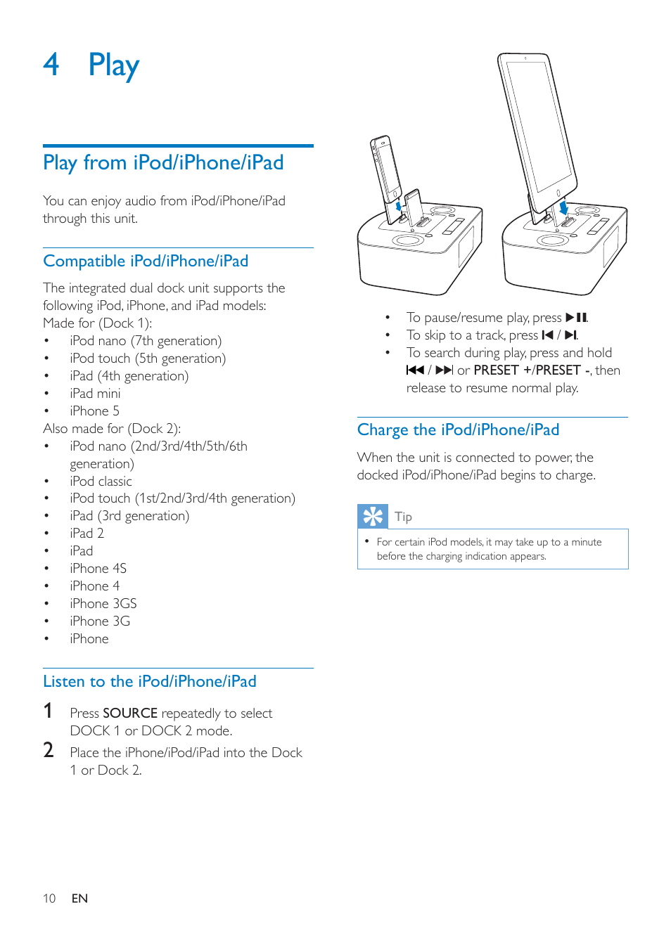 4 play, Play from ipod/iphone/ipad, Compatible ipod/iphone/ipad | Listen to the ipod/iphone/ipad, Charge the ipod/iphone/ipad, Play from an external device | Philips AJ7260D-37 User Manual | Page 12 / 21