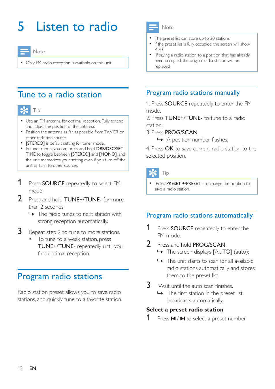 5 listen to radio, Tune to a radio station, Program radio stations | Program radio stations manually, Program radio stations automatically, Select a preset radio station | Philips AJ7260D-37 User Manual | Page 14 / 21