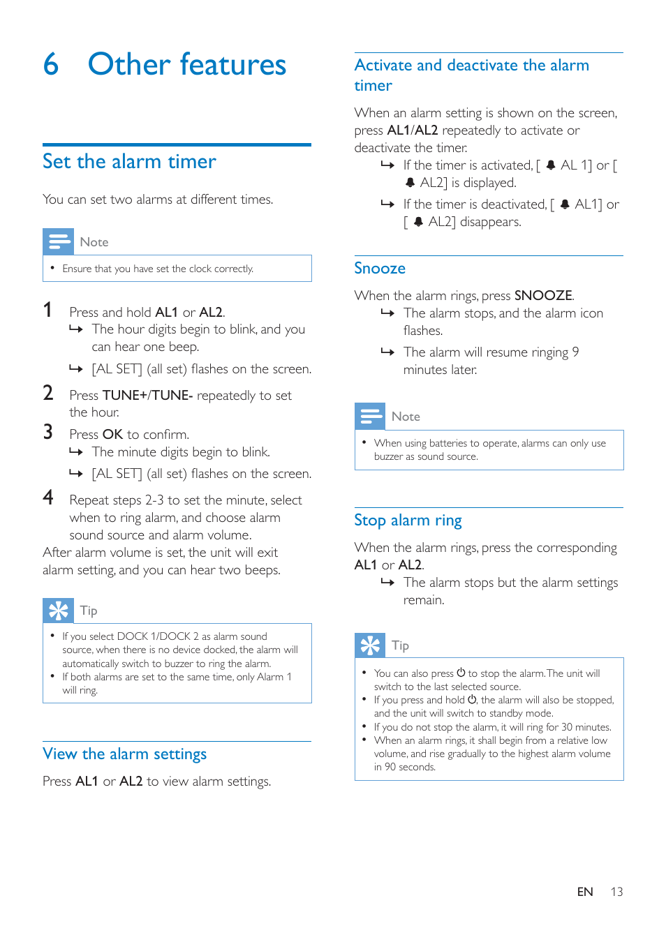 6 other features, Set the alarm timer, View the alarm settings | Activate and deactivate the alarm timer, Snooze, Stop alarm ring, 6 other, Features | Philips AJ7260D-37 User Manual | Page 15 / 21