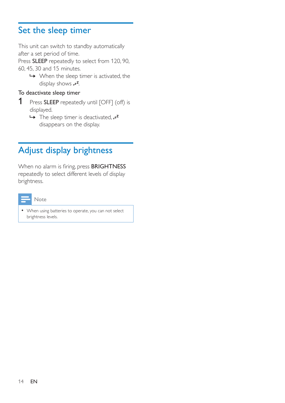 Set the sleep timer, Adjust display brightness | Philips AJ7260D-37 User Manual | Page 16 / 21