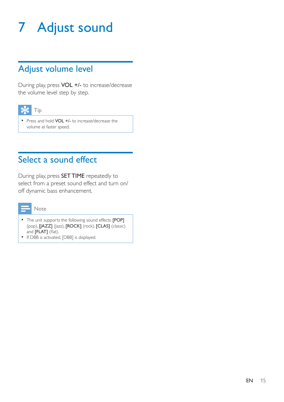 7 adjust sound, Adjust volume level, Select a sound effect | 7 adjust, Sound | Philips AJ7260D-37 User Manual | Page 17 / 21