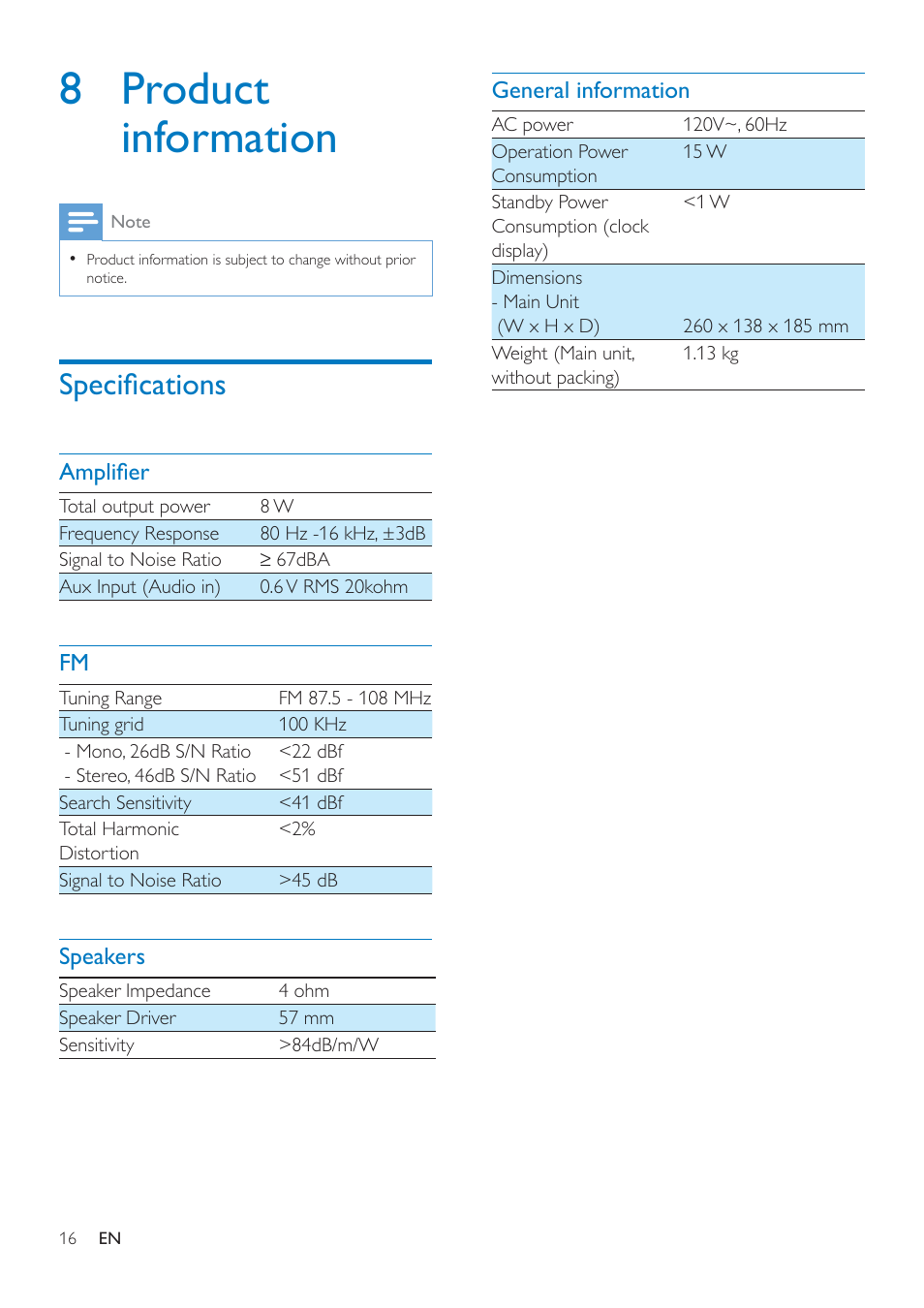 8 product information, Specifications, Amplifier | Speakers, General information, 8 product, Information, 6shflàfdwlrqv | Philips AJ7260D-37 User Manual | Page 18 / 21