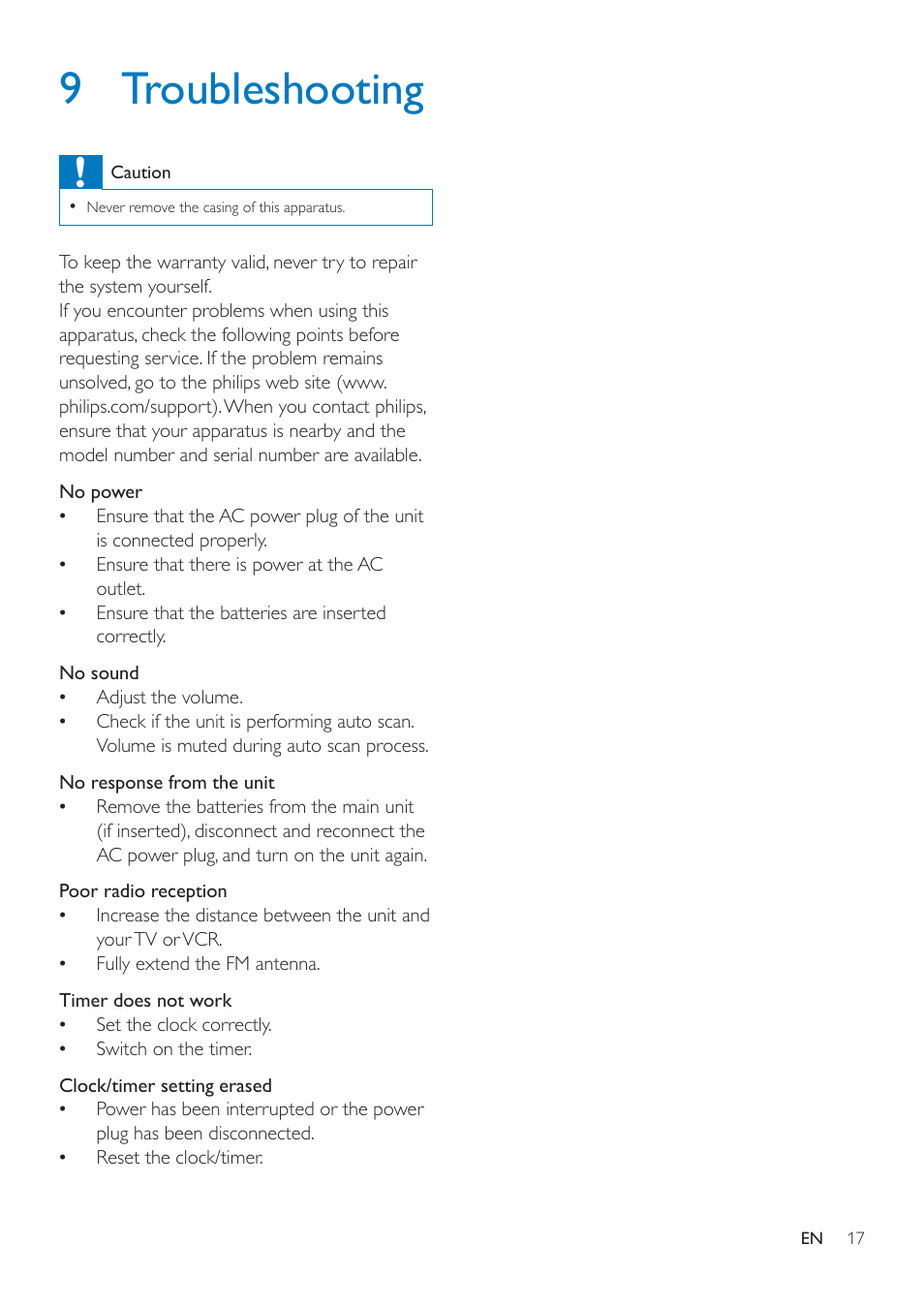 9 troubleshooting | Philips AJ7260D-37 User Manual | Page 19 / 21