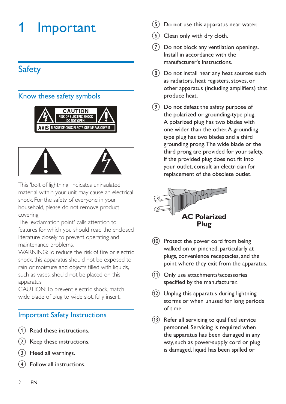 1 important, Safety, Know these safety symbols | Important safety instructions, Safety 2 | Philips AJ7260D-37 User Manual | Page 4 / 21