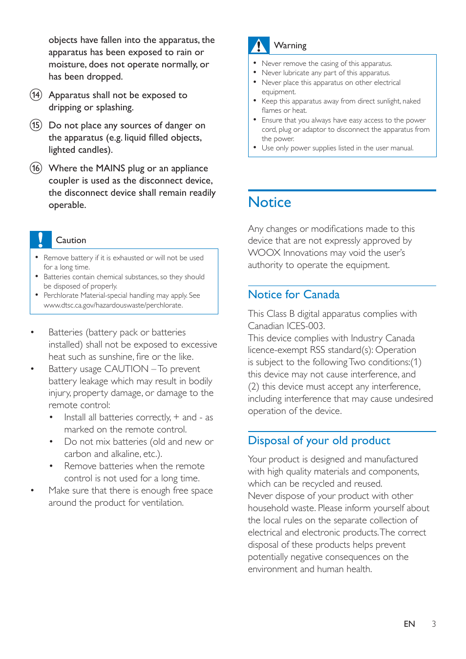 Notice, Notice for canada, Disposal of your old product | Notice 3 | Philips AJ7260D-37 User Manual | Page 5 / 21