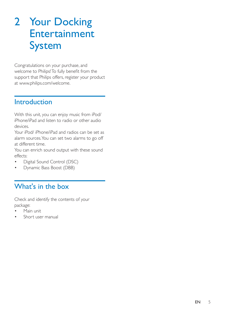2 your docking entertainment system, Introduction, What's in the box | Introduction 5 what's in the box | Philips AJ7260D-37 User Manual | Page 7 / 21