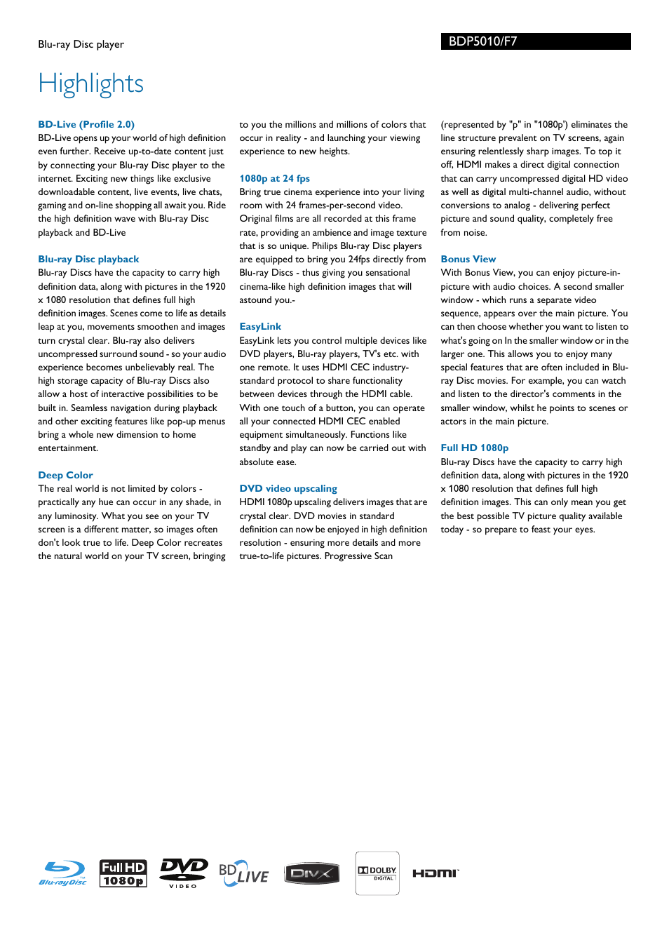 Highlights | Philips BDP5010-F7E User Manual | Page 2 / 3