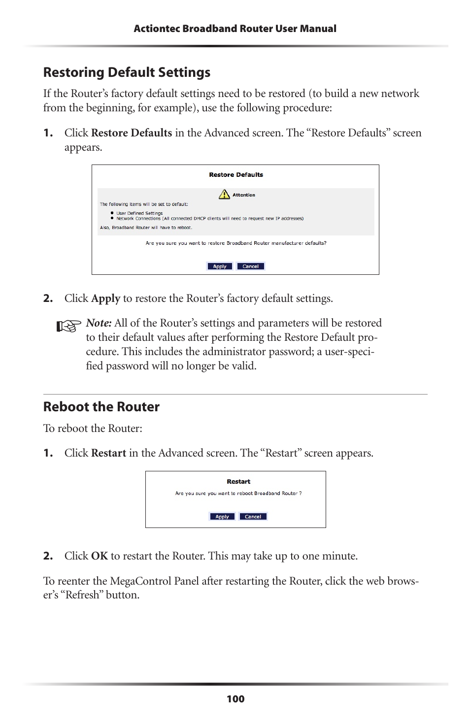 Restoring default settings, Reboot the router, 100 reboot the router | Actiontec electronic RI408 User Manual | Page 103 / 147
