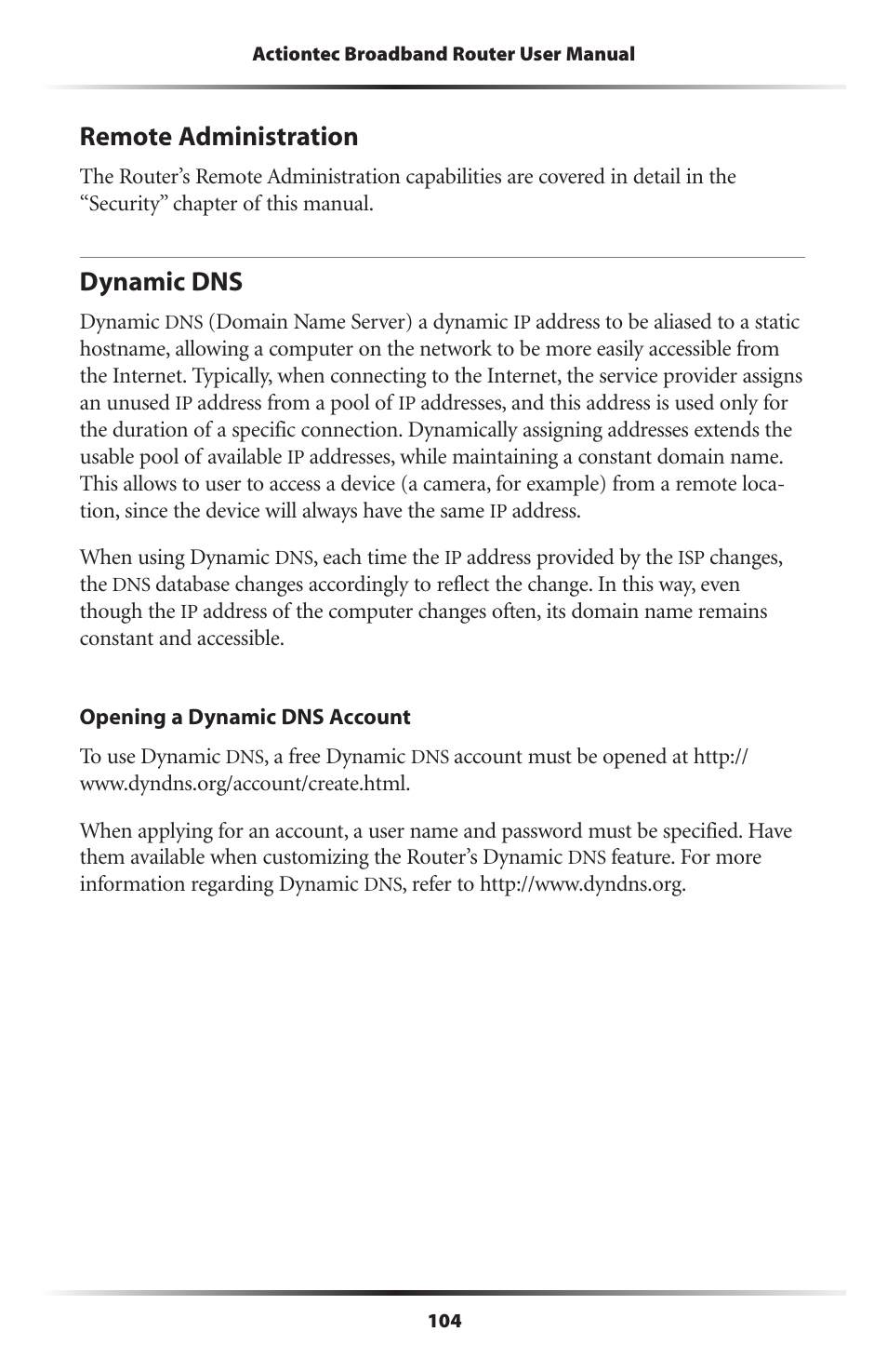 Remote administration, Dynamic dns, 104 dynamic dns | Actiontec electronic RI408 User Manual | Page 107 / 147