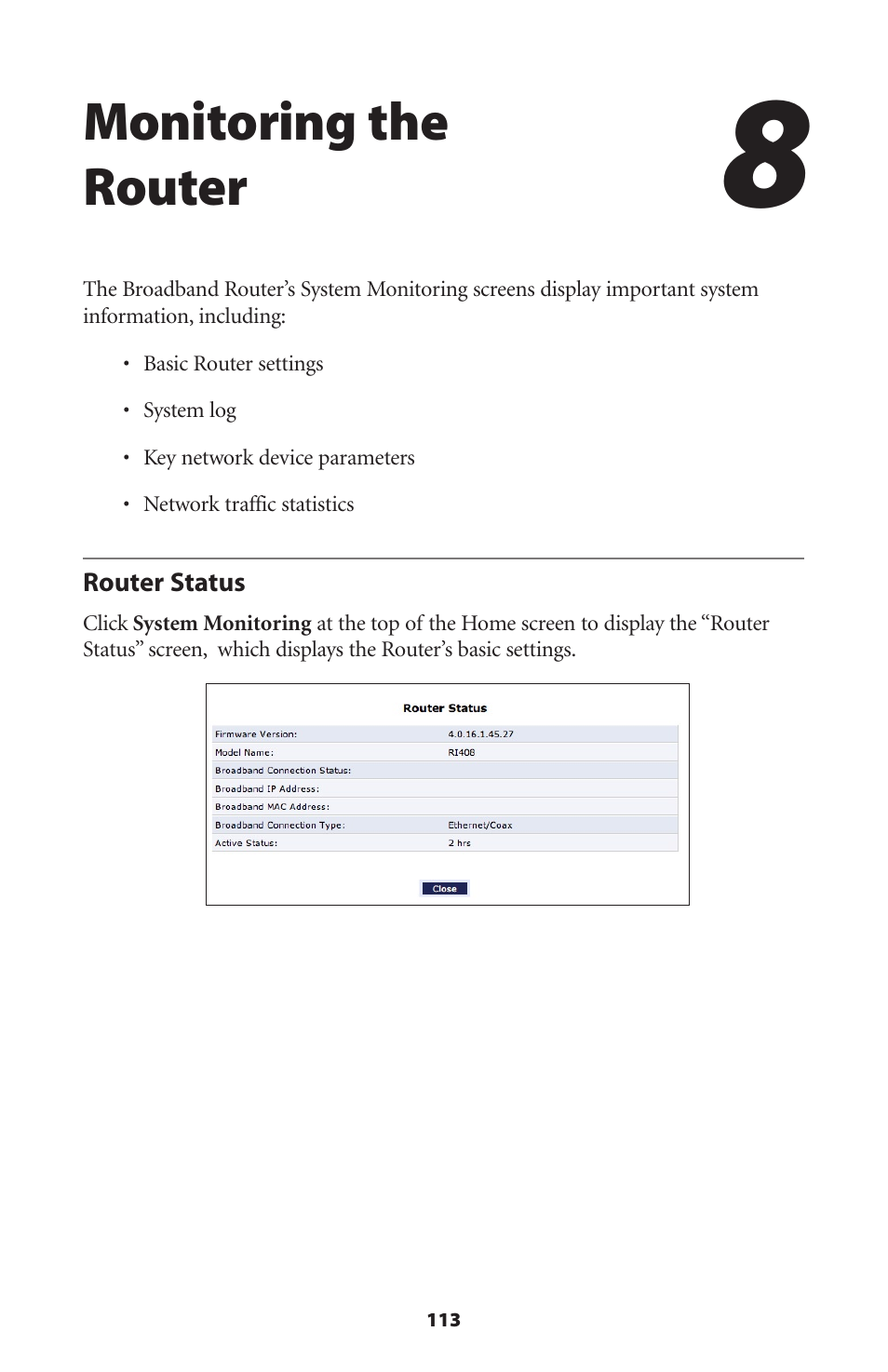 Monitoring the router, Router status | Actiontec electronic RI408 User Manual | Page 116 / 147