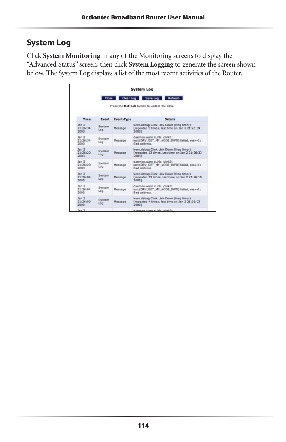 System log | Actiontec electronic RI408 User Manual | Page 117 / 147