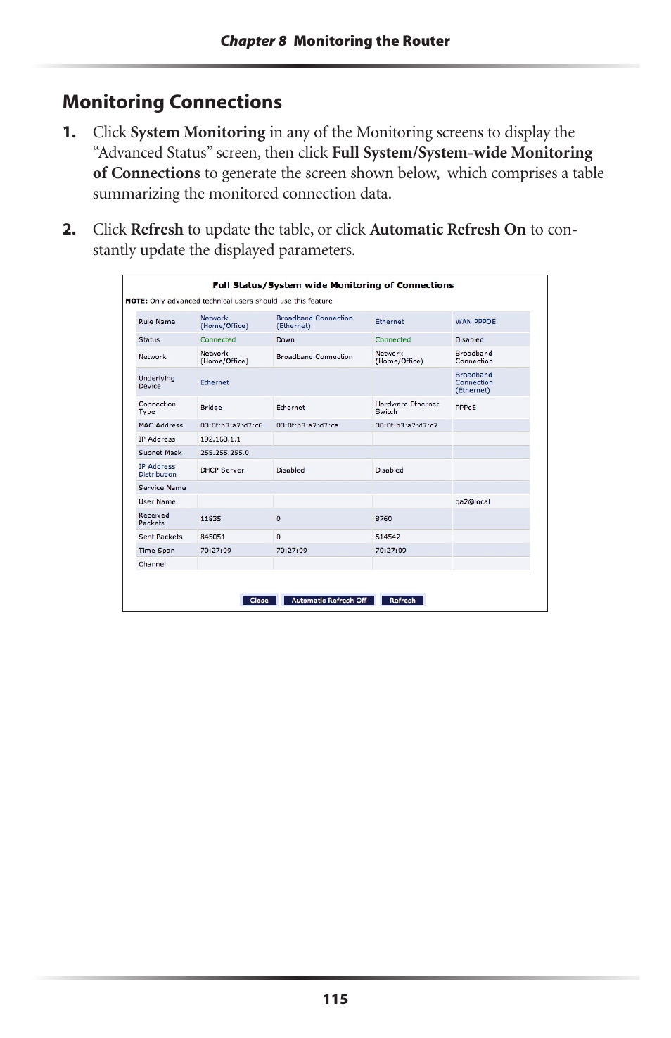 Monitoring connections | Actiontec electronic RI408 User Manual | Page 118 / 147