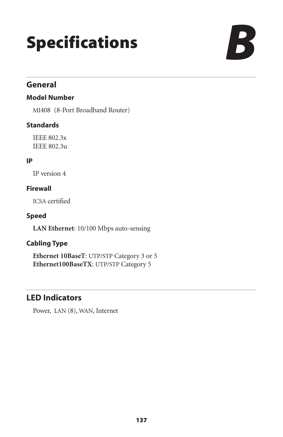 Specifications, General, Led indicators | 137 led indicators | Actiontec electronic RI408 User Manual | Page 140 / 147