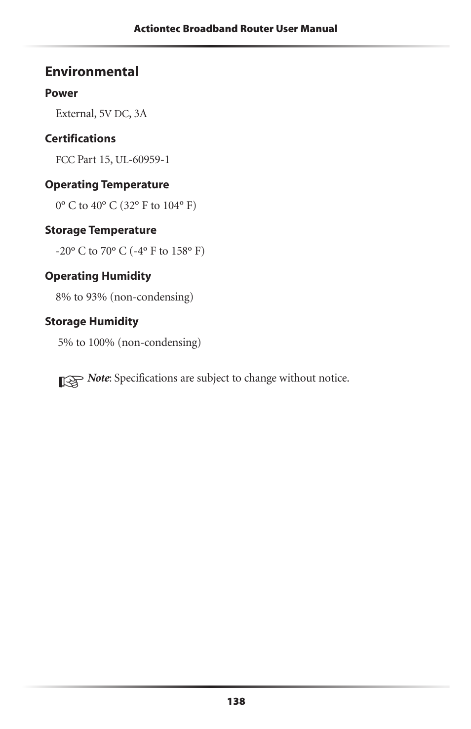 Environmental | Actiontec electronic RI408 User Manual | Page 141 / 147