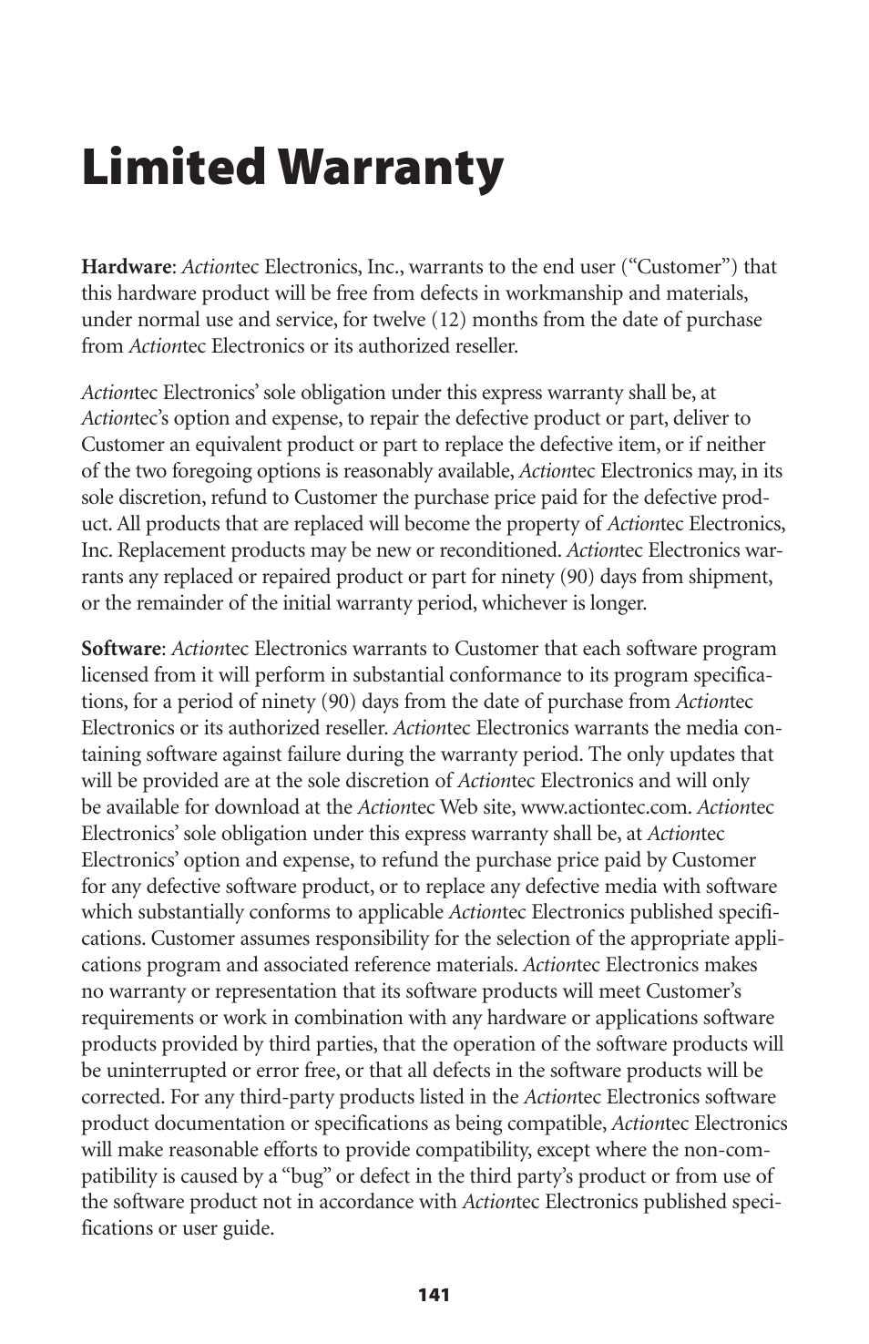 Limited warranty | Actiontec electronic RI408 User Manual | Page 144 / 147