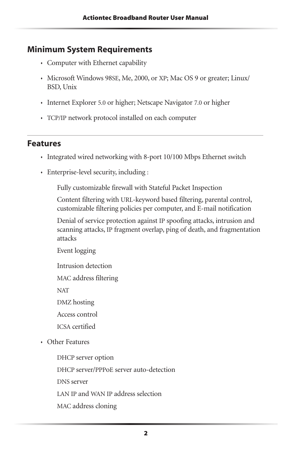 Minimum system requirements, Features, 2 features | Actiontec electronic RI408 User Manual | Page 5 / 147