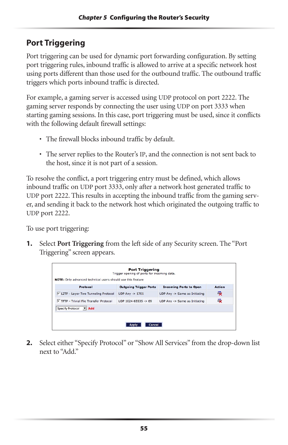 Port triggering | Actiontec electronic RI408 User Manual | Page 58 / 147