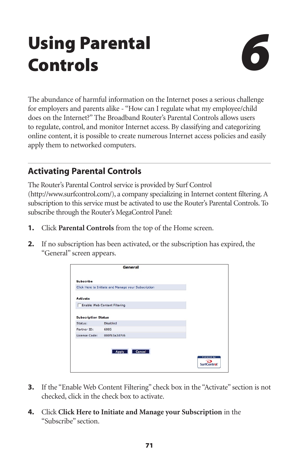 Using parental controls, Activating parental controls | Actiontec electronic RI408 User Manual | Page 74 / 147