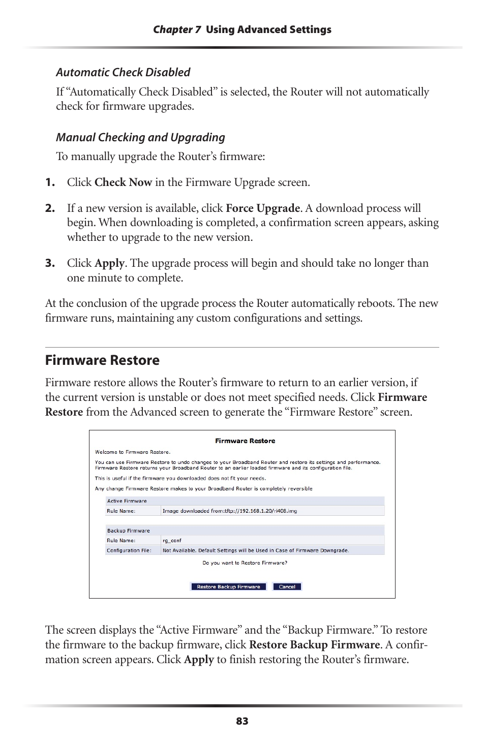 Firmware restore | Actiontec electronic RI408 User Manual | Page 86 / 147