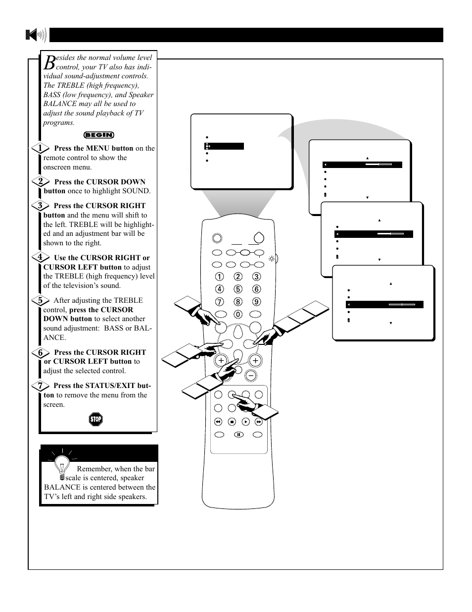 Ound, Djusting the, Reble | Alance | Philips 27i RealFlat CTV w-PIP-DBX stereo-Remote User Manual | Page 28 / 52